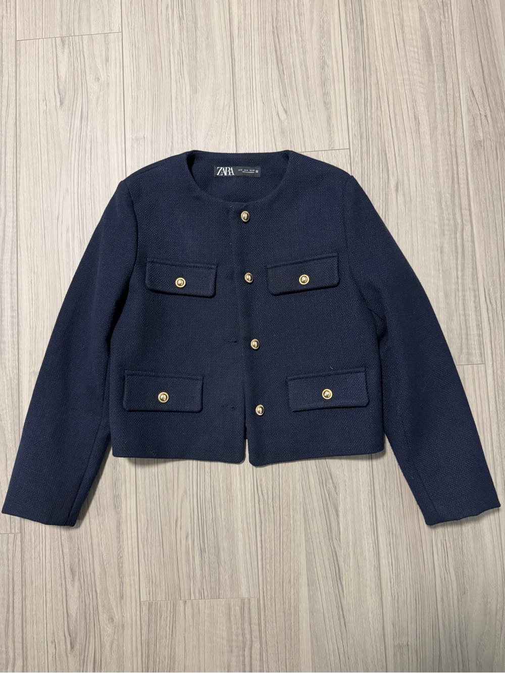 Zara Navy Cropped Textured Blazer with Gold Buttons